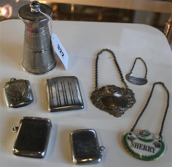 3 silver vesta cases, plated match case, 3 decanter labels & an engine-turned silver pepper mill